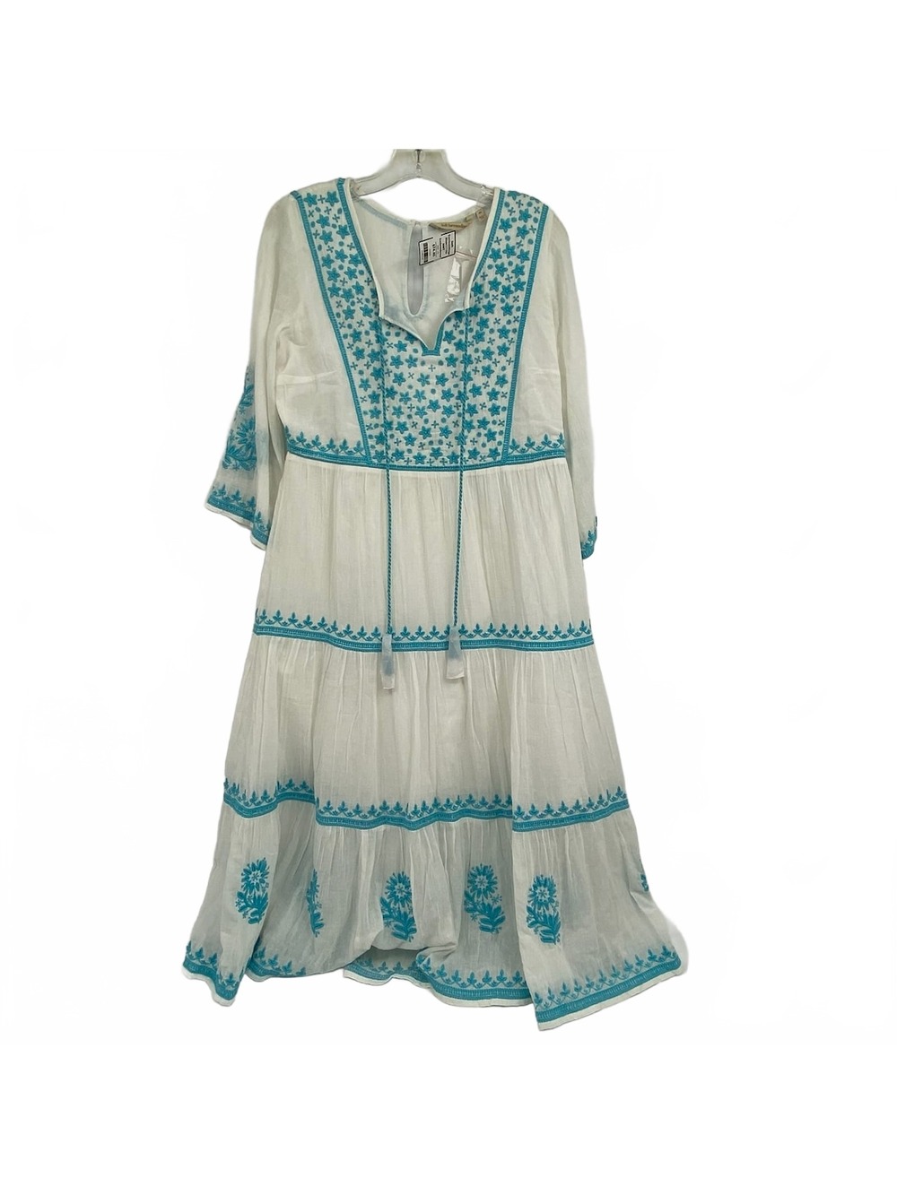 Soft Surroundings White Blue Embroidered Peasant Midi Dress | XS Regular